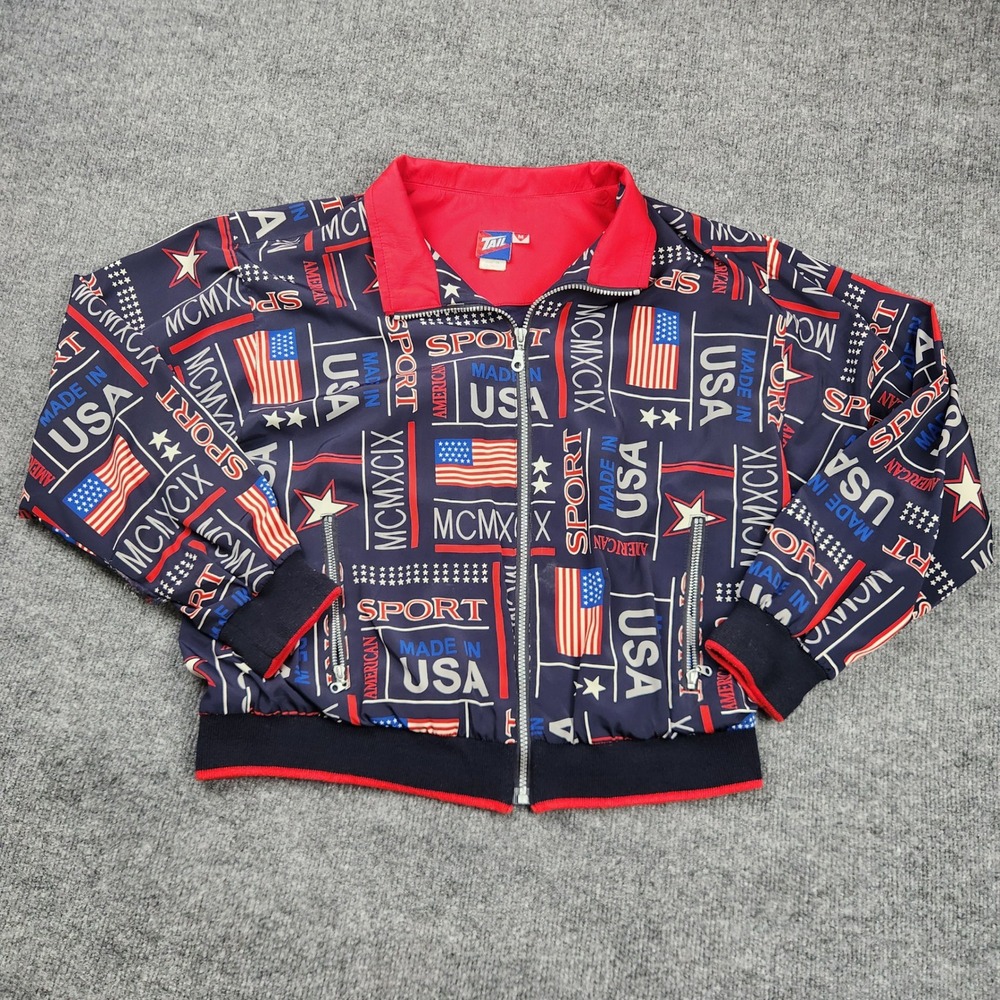 Vintage Tail Patriotic USA Flag Windbreaker Jacket Navy Red MCMXCIX Women Medium